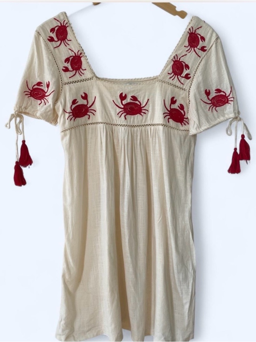 Cream Babydoll Dress with Red Crab Embroidery